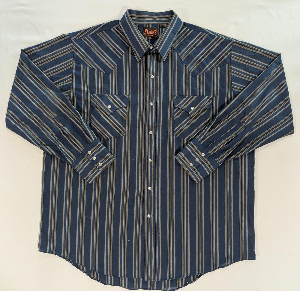 Plains Western Wear Shirt Mens XL Blue Striped Long Sleeve Western Pearl Snap